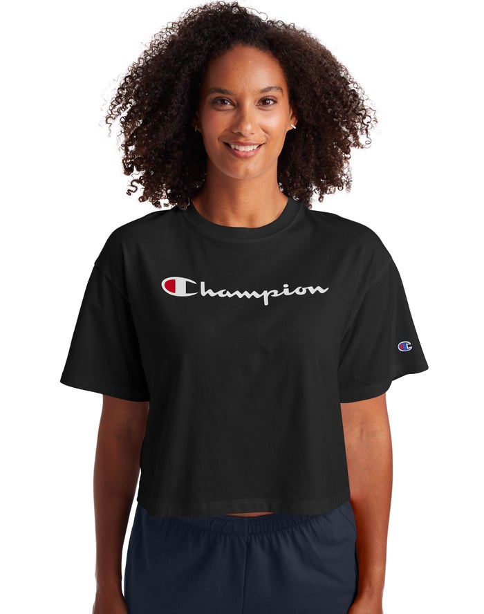 Champion Dame T-Shirts Sort - Cropped Script Logo - Danmark KWH-640587